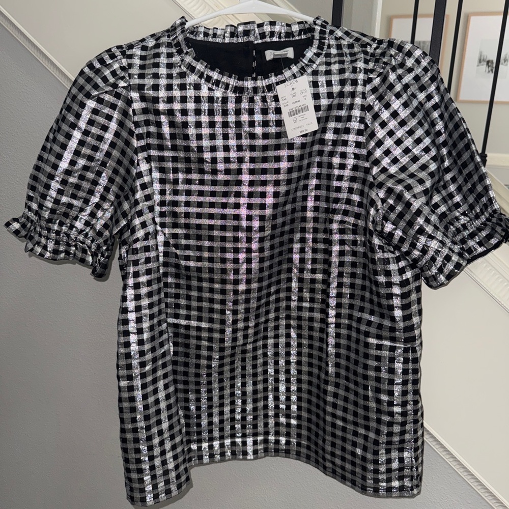 J. Crew Black and Silver Metallic Gingham Puff Sleeve Top
